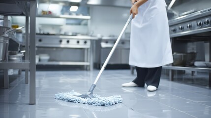A person wearing a white apron mops the shiny tiled floor of a professional kitchen.