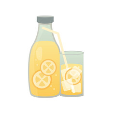 Vector Illustration of Glass Bottle and Cup with Yellow Lemonade, Ice Cubes, Lemon Slices and Straw Isolated on White Background