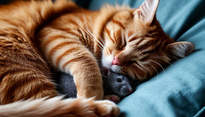 A ginger cat sleeps hugging a mouse. AI generated.