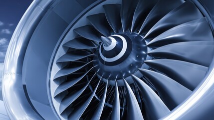 Close-up image of a sleek, metallic jet engine turbine with multiple curved blades radiating from the center hub.