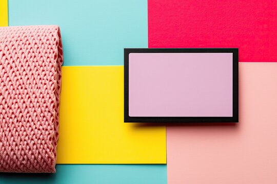 Colorful background with knitted blanket and black framed card with pink insert