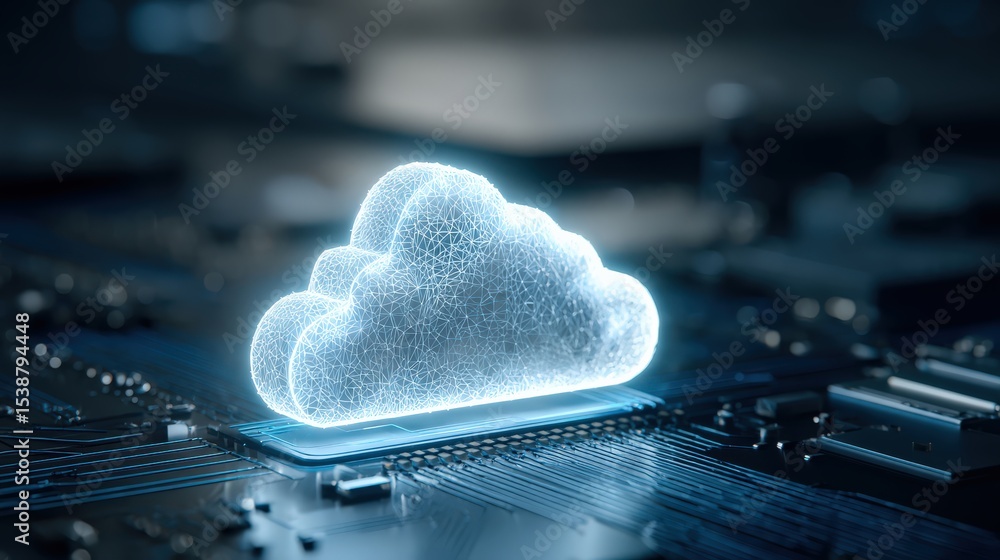 Poster a glowing digital cloud icon hovers over a circuit board, symbolizing cloud computing and data techn