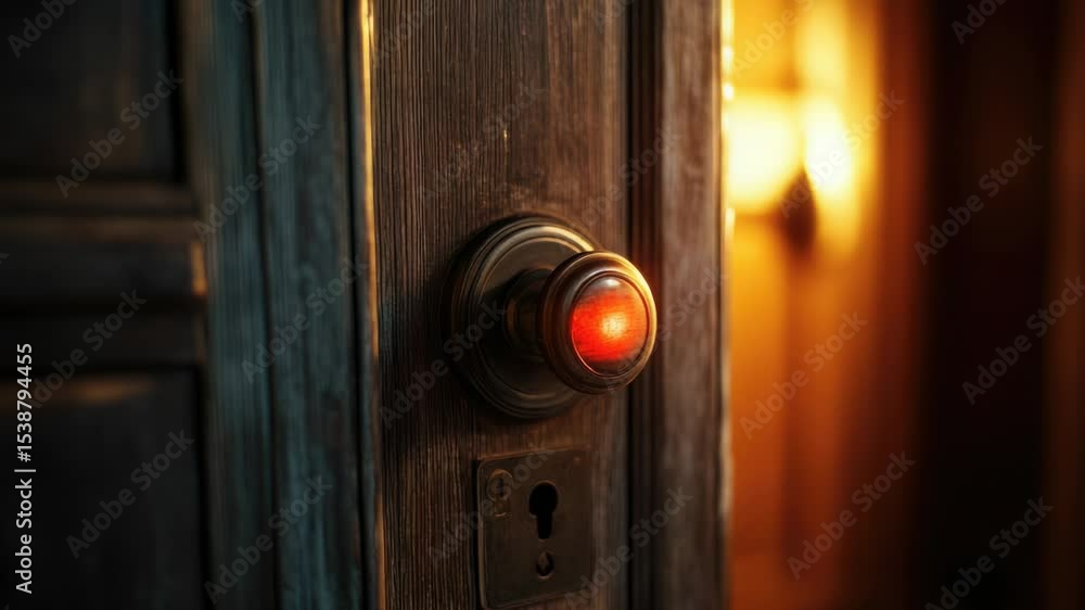 Poster close-up of a red light on a door, useful for indicating an entrance or highlighting a key feature
