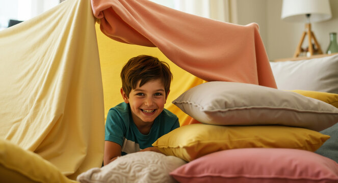 Smiling boy in teal shirt relaxing inside cozy blanket tent with colorful pillows at home. Creative play and fort building concept for indoor activities