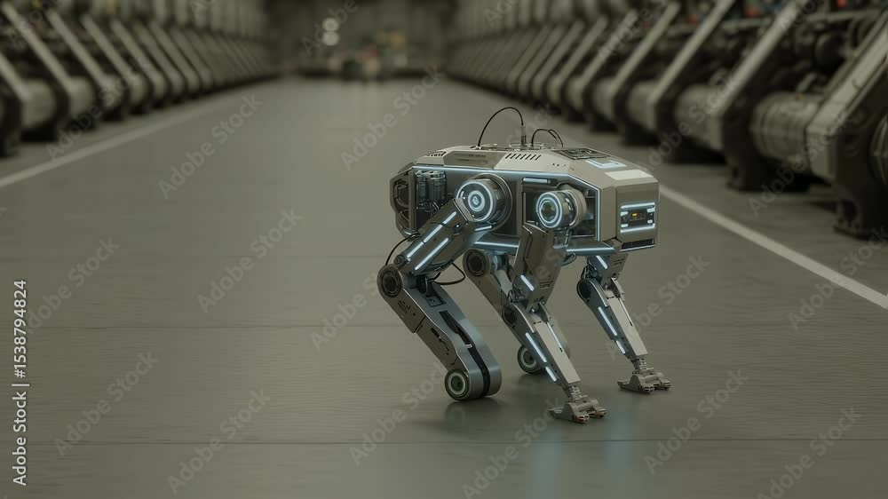 Poster industrial tech-bot: a sleek, four-legged tech-bot navigating a vast industrial corridor, exemplifyi