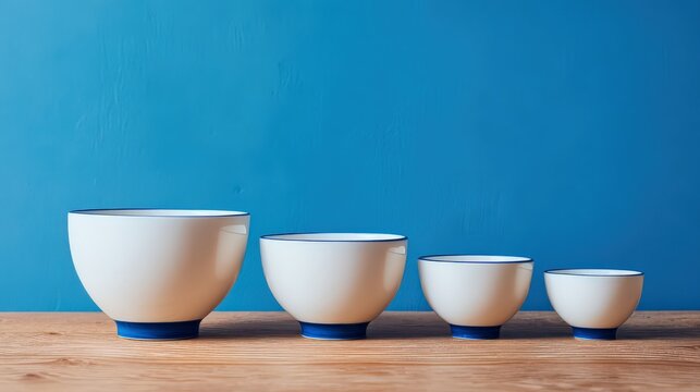 Four white ceramic bowls with blue rims, arranged in descending size order on a wooden surface against a solid blue background.