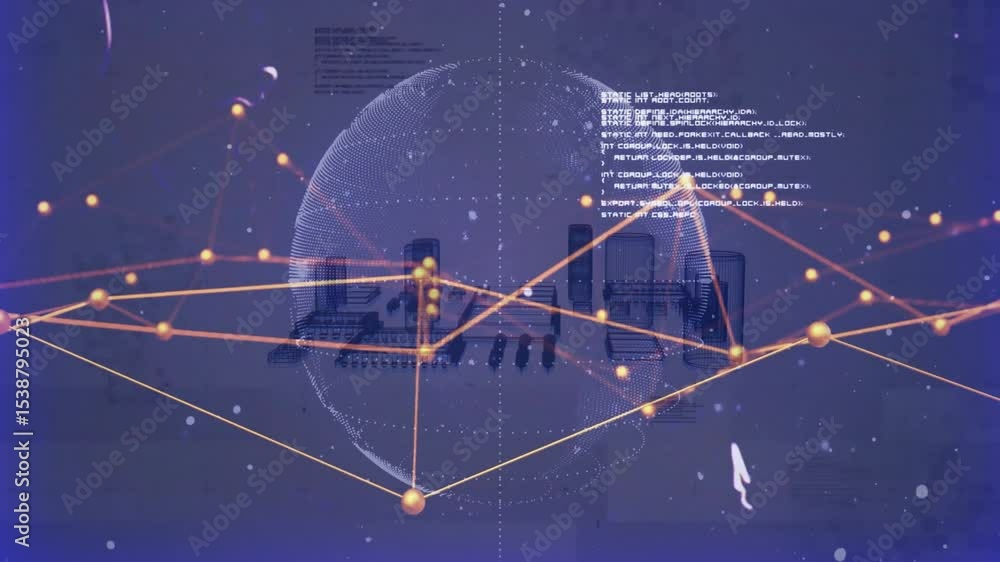 Poster Wireframe globe appearing with pulsing nodes, scrolling code panels, visualizing data network