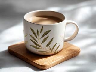 Light beige coffee mug with green leaf design on a wooden coaster.