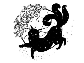 Vector illustration of a magical cat in silhouette style