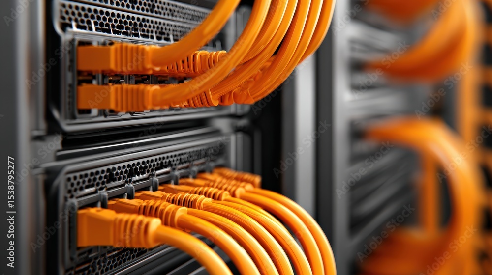 Poster close-up of orange ethernet cables plugged into network switches, highlighting data connectivity and