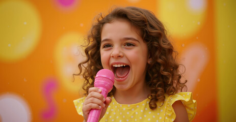 Excited girl singing into pink microphone with curly hair against colorful background. Musical performance for talent development and creative expression activities