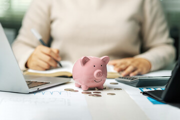 Business accountant calculates income-expenses to save money for the future. Investment concept,...