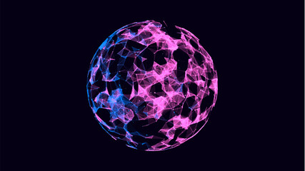 Abstract colors sci-fi sphere with particles and lines. Technology network connection on world. Futuristic vector illustration. Global digital connections ai. 3D wireframe geometric sphere.