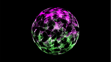 Abstract colors sci-fi sphere with particles and lines. Technology network connection on world. Futuristic vector illustration. Global digital connections ai. 3D wireframe geometric sphere.