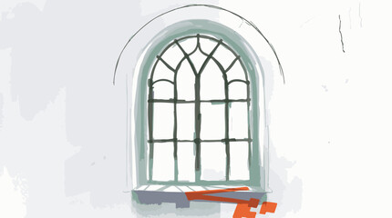 Illustration of an arched window with a decorative mullion pattern.