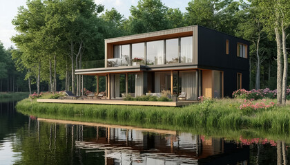 Obraz premium Modern modular house with solid glass wooden on the lake shore. Generated by AI.