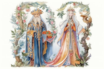 A watercolor illustration done in a fairy-tale style depicts the Tsar and Tsarina in luxurious Old Slavic robes.  