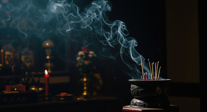 Burning incense sticks with white smoke rising from traditional metal holder in temple. Spiritual meditation and prayer ritual. Religious services and wellness therapy