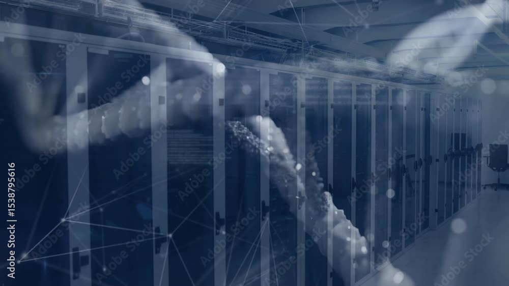Poster after pause, 3d helix materializing drifting over racks with network mesh pulsing showing data flow