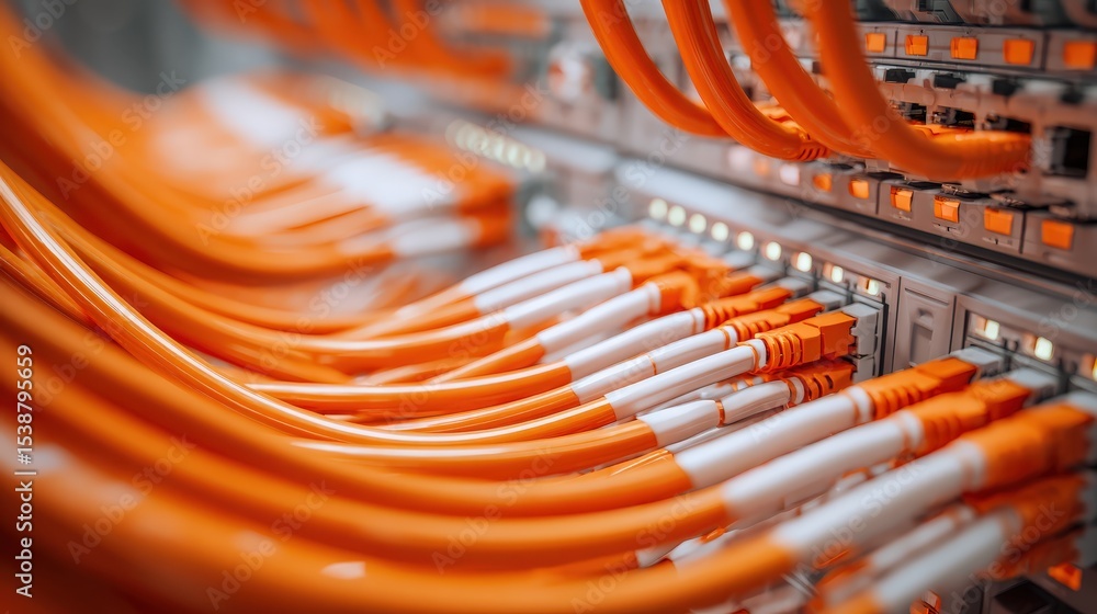 Poster close-up of orange ethernet cables plugged into a network switch, highlighting connectivity and data