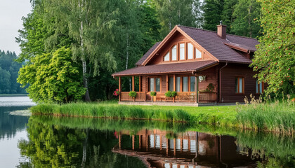 Fototapeta premium Wooden cottage on the lake shore. Generated by AI.