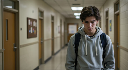 Teenage boy in gray hoodie walking alone through empty school hallway corridor. Student isolation and bullying awareness. Educational counseling services