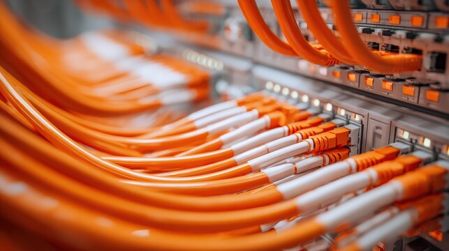 Close-up of orange Ethernet cables plugged into a network switch, highlighting connectivity and data transmission in a tech environment. - Powered by Adobe