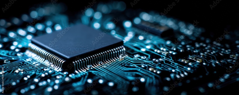 Poster close-up of a microchip on a digital circuit board illuminated by blue and white lights, showcasing 