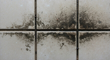 Black mold growth spreading across white bathroom tiles creating health hazard. Mold removal and home cleaning services. Property maintenance solutions