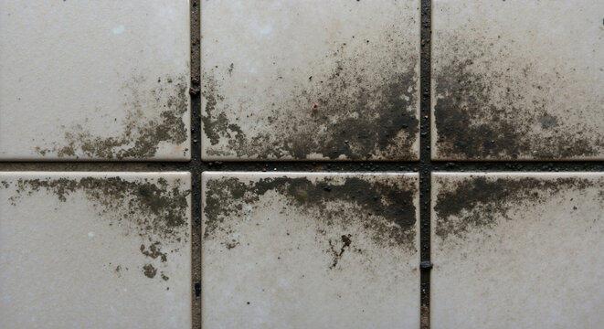 Black mold growth spreading across white bathroom tiles creating health hazard. Mold removal and home cleaning services. Property maintenance solutions