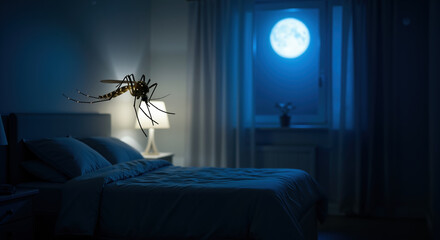 Large mosquito flying in dark bedroom with full moon visible through window. Insect pest problem and sleep disturbance. Pest control and extermination services