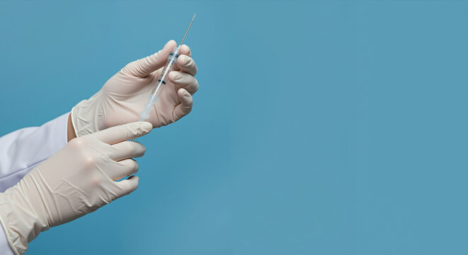 Medical professional hands wearing latex gloves holding syringe with needle prepared for injection. Healthcare vaccination and medical procedures. Clinical services