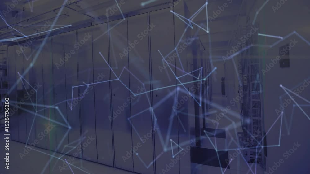 Poster faint glowing points appearing near server racks forming swirling network overlay showing data flow