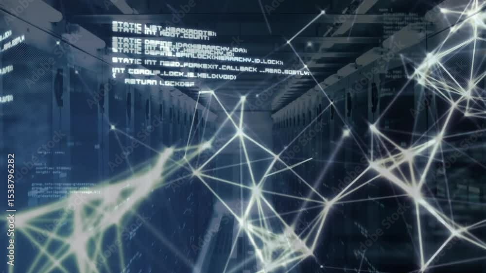 Poster particles emerging along aisle forming network mesh, code snippets scrolling, visualizing data flow