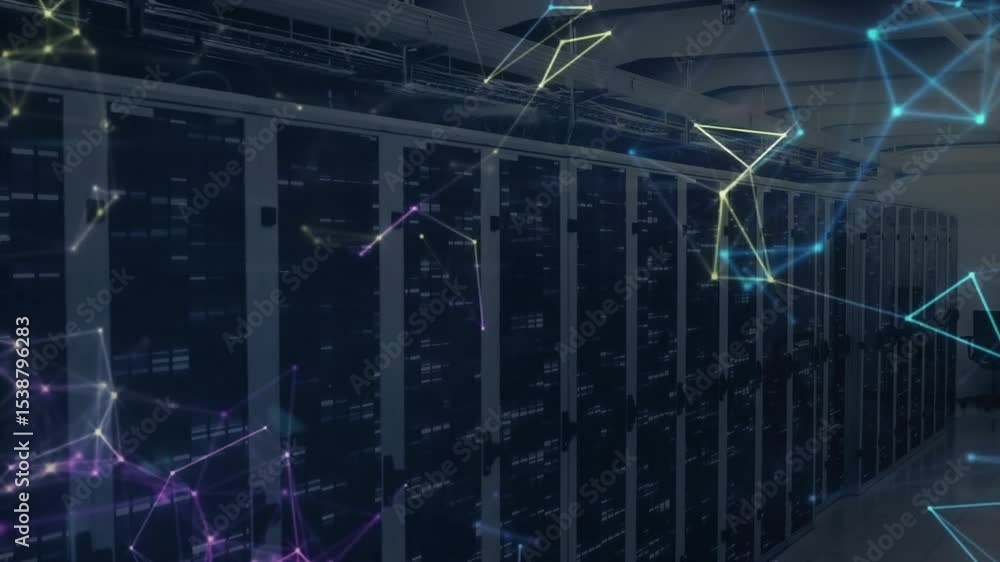 Poster blinking server rack leds initiating overlay morphing into pulsing mesh fading showing data flow