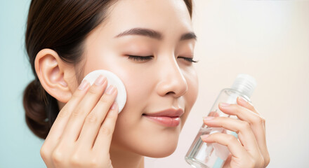 Woman applying toner to face with cotton pad holding bottle. Skincare routine for facial cleansing treatment moisturizing hydration anti aging acne prevention cosmetic procedures