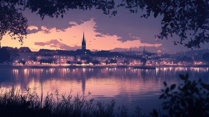 Naklejka premium Serene Sunset Over City Skyline Reflected in Calm Water with Colorful Clouds and Silhouetted Trees