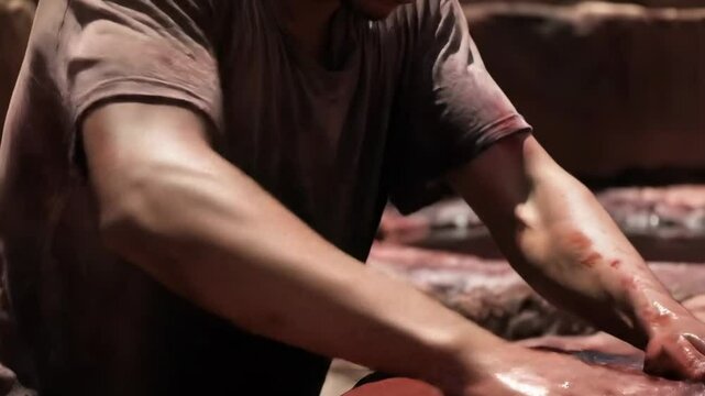 Dedicated Moroccan Tanner Cleansing Hands During His Laborious Traditional Craft.