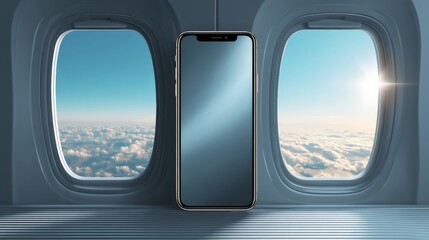 A smartphone stands upright on an airplane tray table, framed by two windows showing a bright sky and clouds outside.