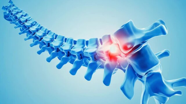 3D spine cross-section with red inflammation, cool blue tones.