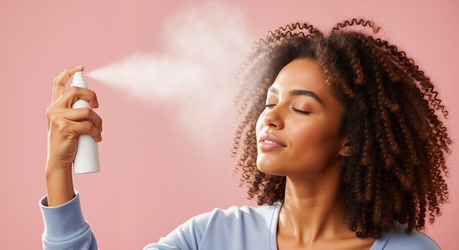 African American woman spraying face mist with closed eyes on pink background. Skincare hydration beauty routine facial spray cosmetic wellness treatment