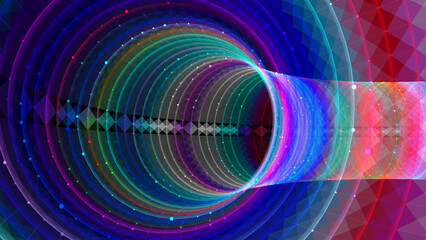 Vector cyber futuristic speed tunnel. Sci-fi colors wormhole. Abstract 3D wireframe portal with connections lines and dots. Data flow. Technology grid funnel.