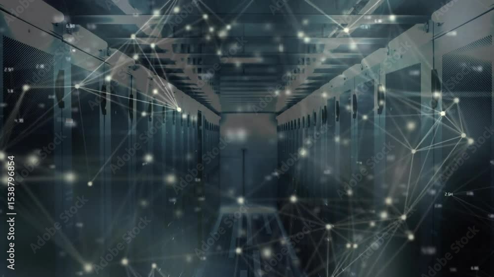 Poster starting server aisle wireframe overlay fading, nodes appearing, lines pulsing showing data flow