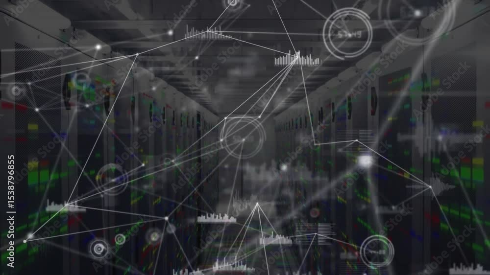 Poster on fade-in digital network nodes appearing on server racks, pulsing light streaks showing data flow