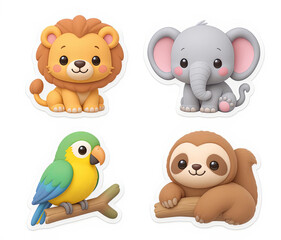 Mini 3D jungle animal icon set lion cub, baby elephant, monkey, parrot, and sloth stylized for cuteness, arranged in 3 rows, white background, Ai Generate.