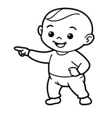 Happy Baby Pointing Forward Black and White Outline Vector, Baby Pointing One Hand Outline Illustration, Cute Infant Pointing Forward Drawing, Minimal Baby Pointing in Simple Outfit Art