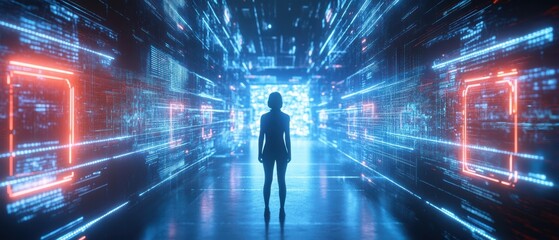 A silhouette of a person stands in a futuristic digital corridor filled with glowing blue and red data streams and neon light patterns.