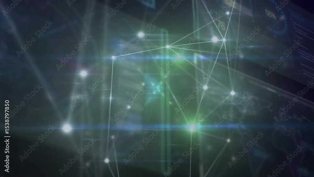 Poster upon ui activating, luminous nodes linking with lines forming mesh pulsing revealing dashboards