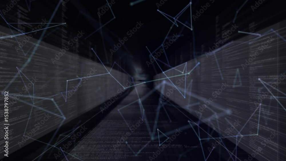 Poster faint scrolling code activating thin mesh lines enveloping corridor visualizing data flow in 3d