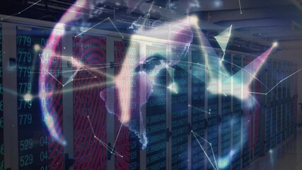 Fingerprint appearing on left rack starting nodes sweeping, spinning globe forming global network - Powered by Adobe